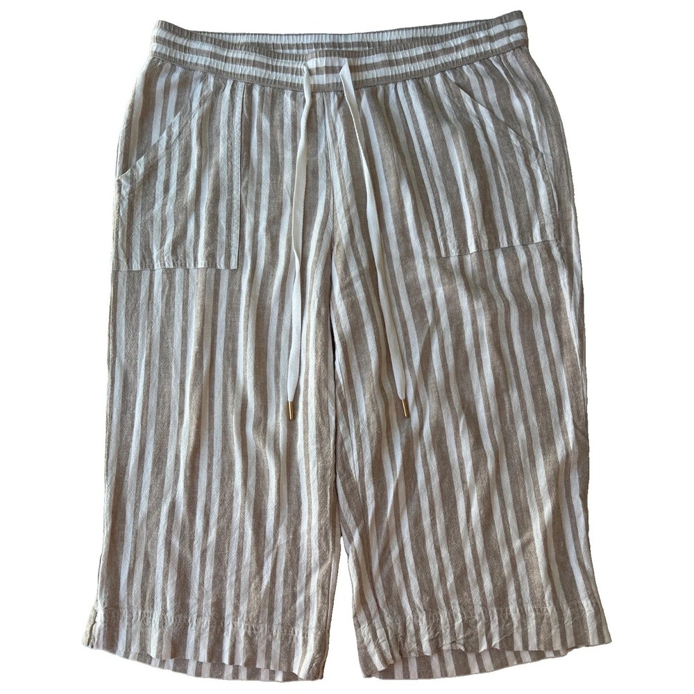 Land N Sea Crop Pants Womens 1X‎ Tan Cream Stripe Linen Blend Coastal Nautical